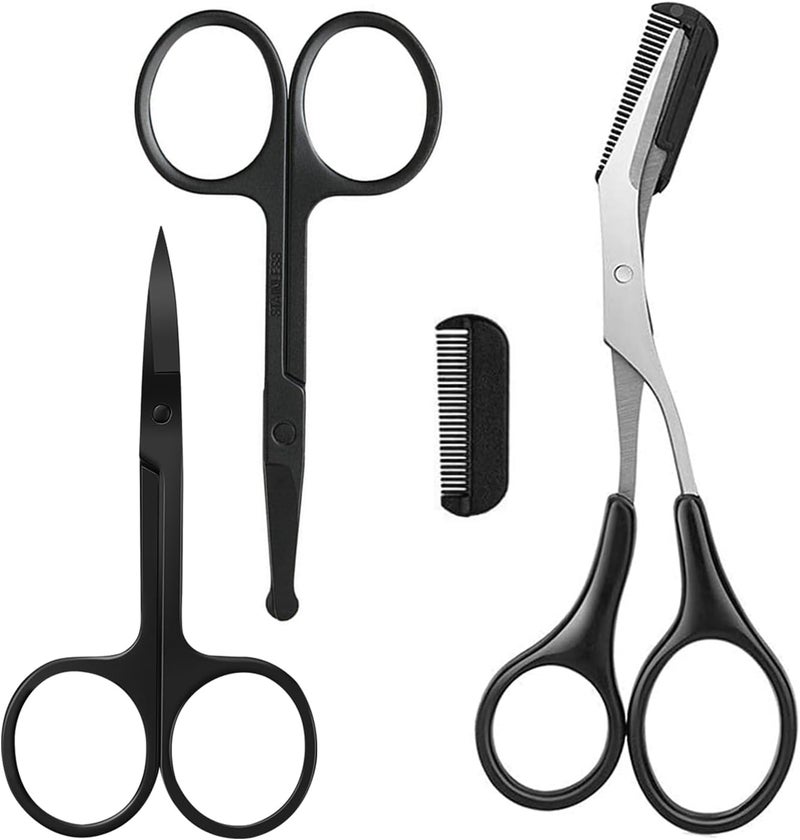 KAJUDA Eyebrow Scissors with Comb, Facial Hair Small Grooming Scissors For Men Women - Eyebrow Trimmer Scissor for Eyebrows, Nose Hair, Mustache, Beard, Eyelash - 3PCS Black - Image 1